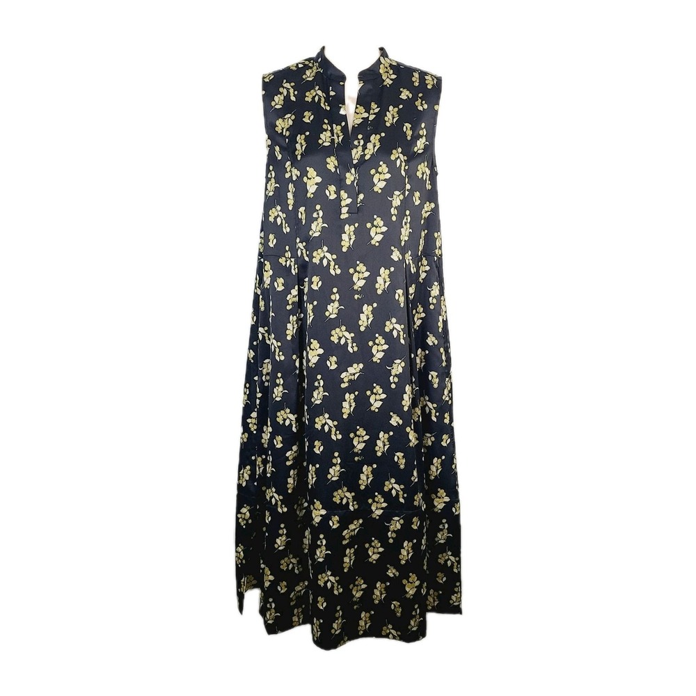 Vince Dandelion‎ Print Midi Dress XS Black Gold V-Neck Pleated Silky Sleeveless